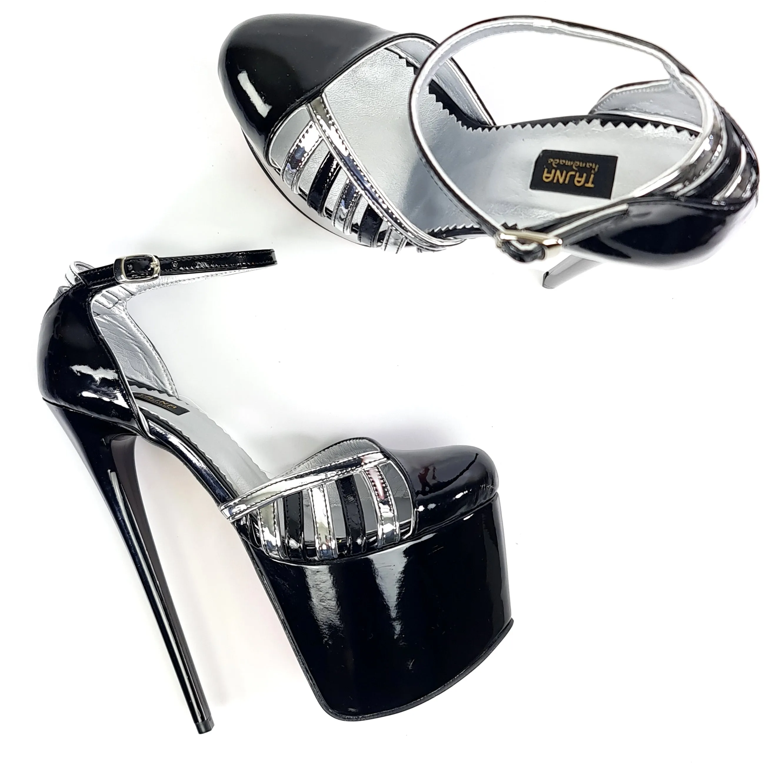 Silver Detail Black Gloss Ankle Strap Heels