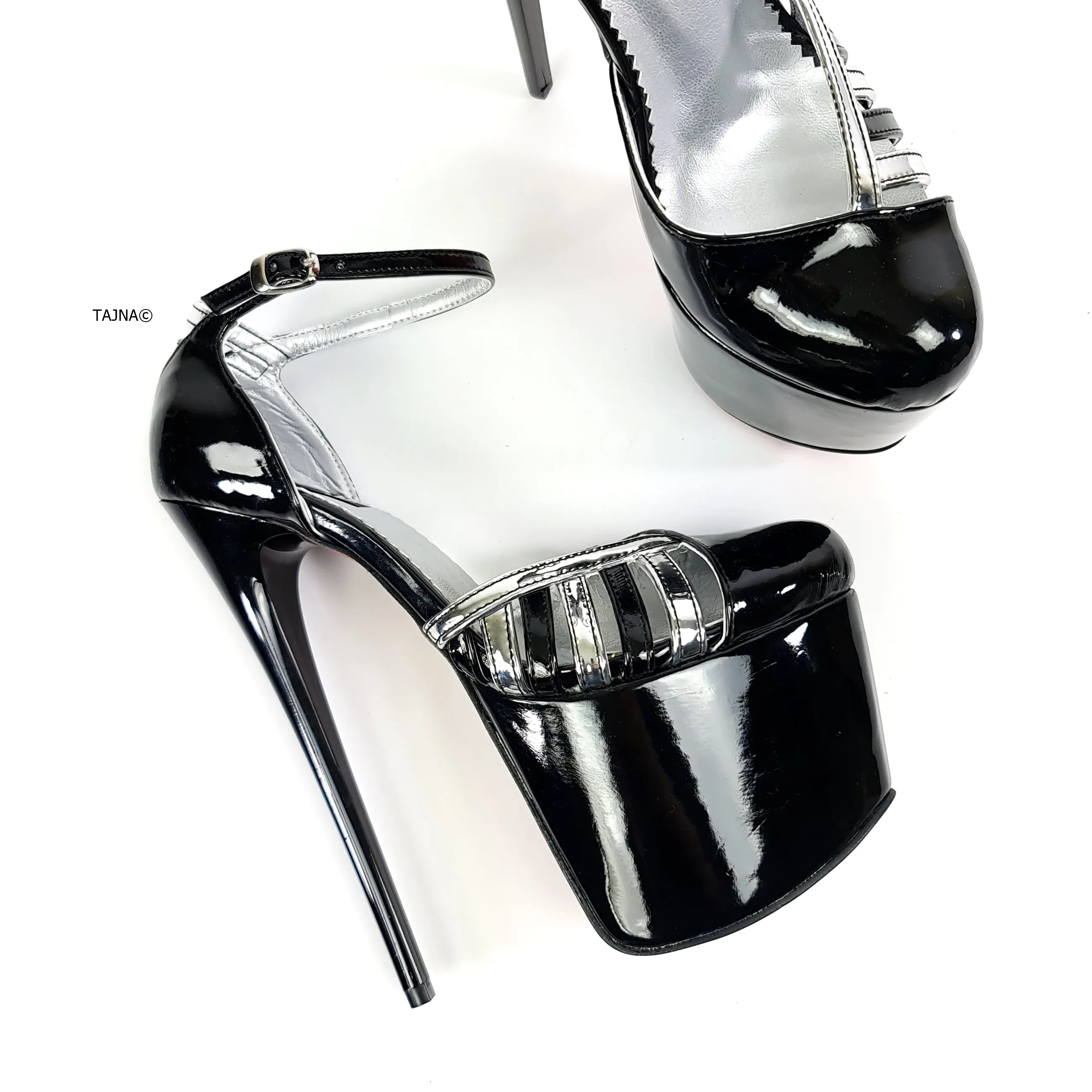 Silver Detail Black Gloss Ankle Strap Heels