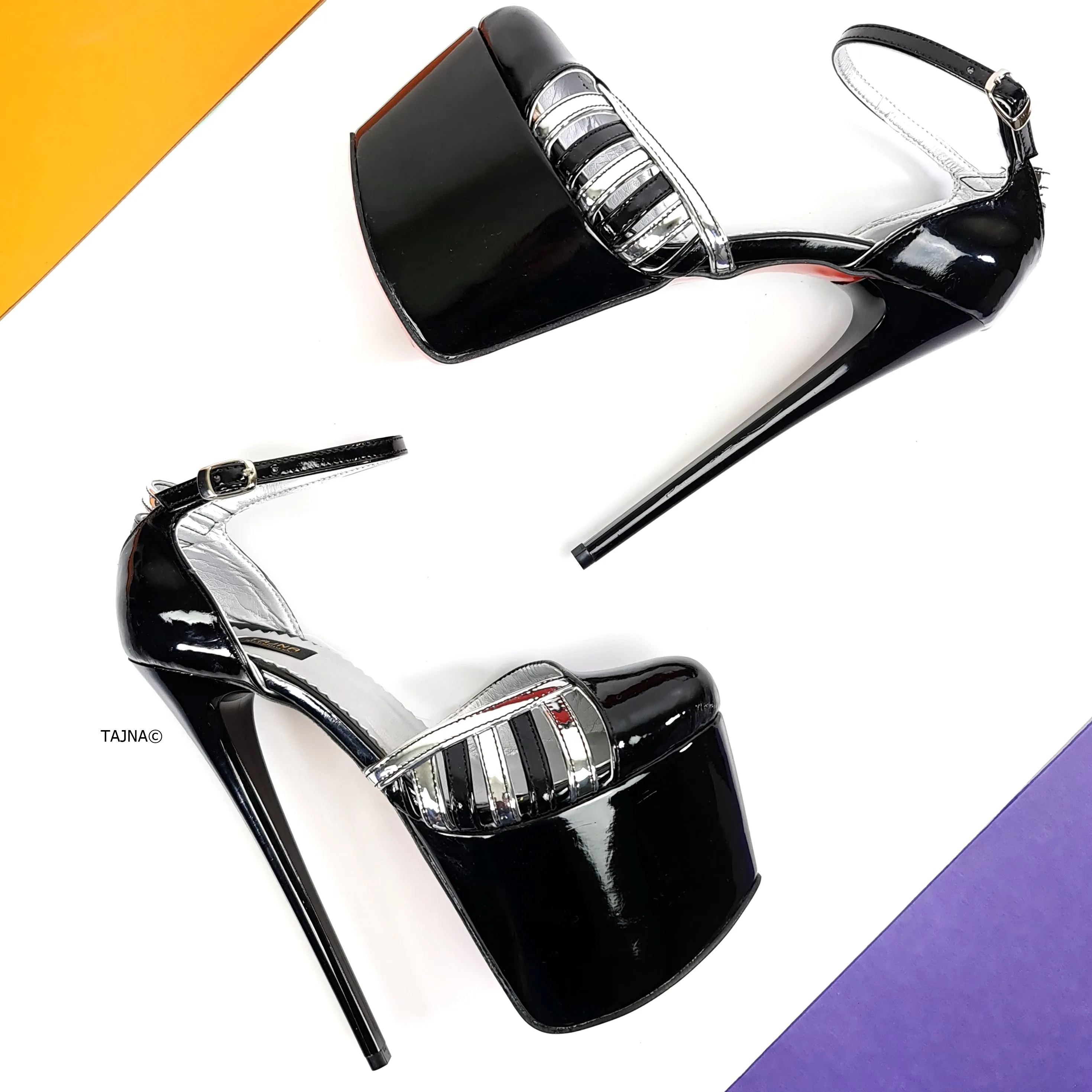 Silver Detail Black Gloss Ankle Strap Heels