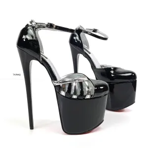 Silver Detail Black Gloss Ankle Strap Heels