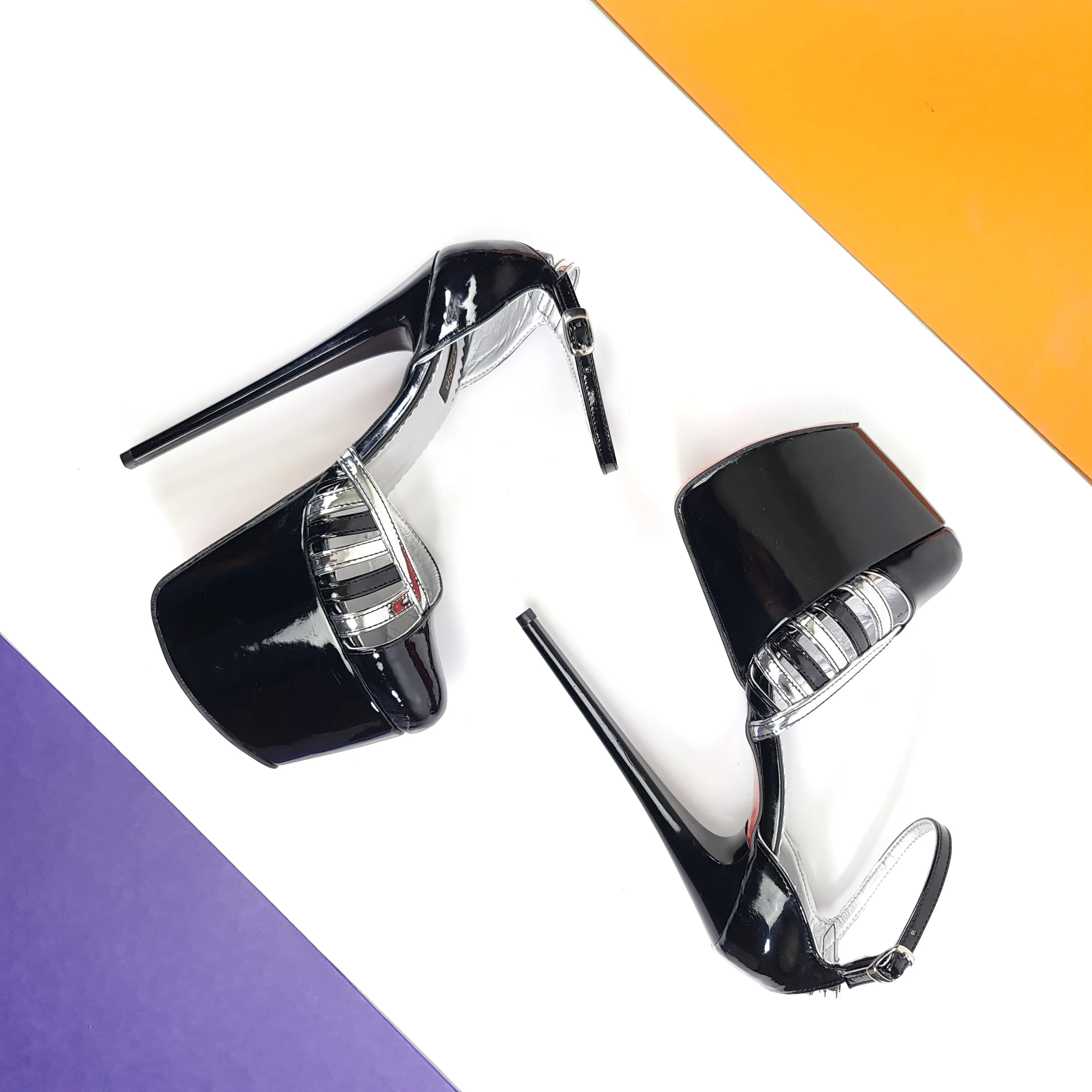 Silver Detail Black Gloss Ankle Strap Heels