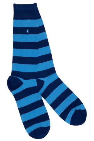 Sky Blue Striped Soft Top Comfort Cuff Bamboo Socks by Swole Panda, Size 7-11