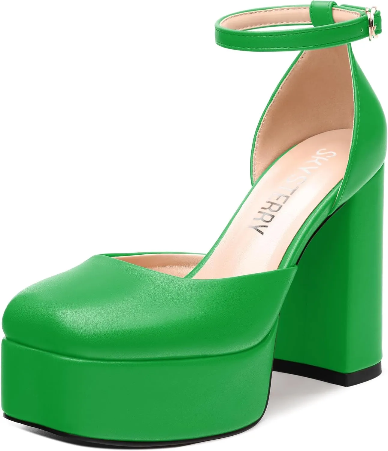 SKYSTERRY Women's Platform Heels 4.3-Inch High Block Chunky Square Closed Toe Pumps Ankle Strap Matte Dress Wedding Party Shoes