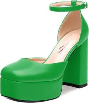 SKYSTERRY Women's Platform Heels 4.3-Inch High Block Chunky Square Closed Toe Pumps Ankle Strap Matte Dress Wedding Party Shoes