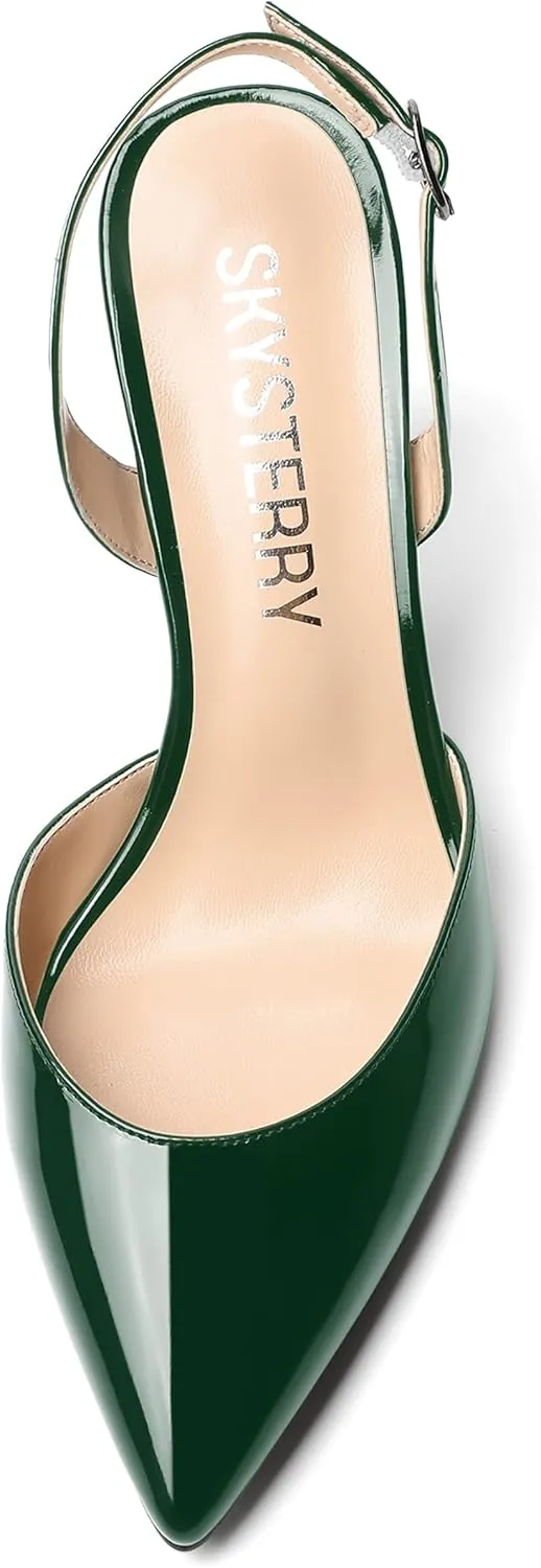 SKYSTERRY Womens Pointed Toe Wedding Sexy Buckle Solid Patent Slingback Spool High Heel Pumps Shoes 3.3 Inch