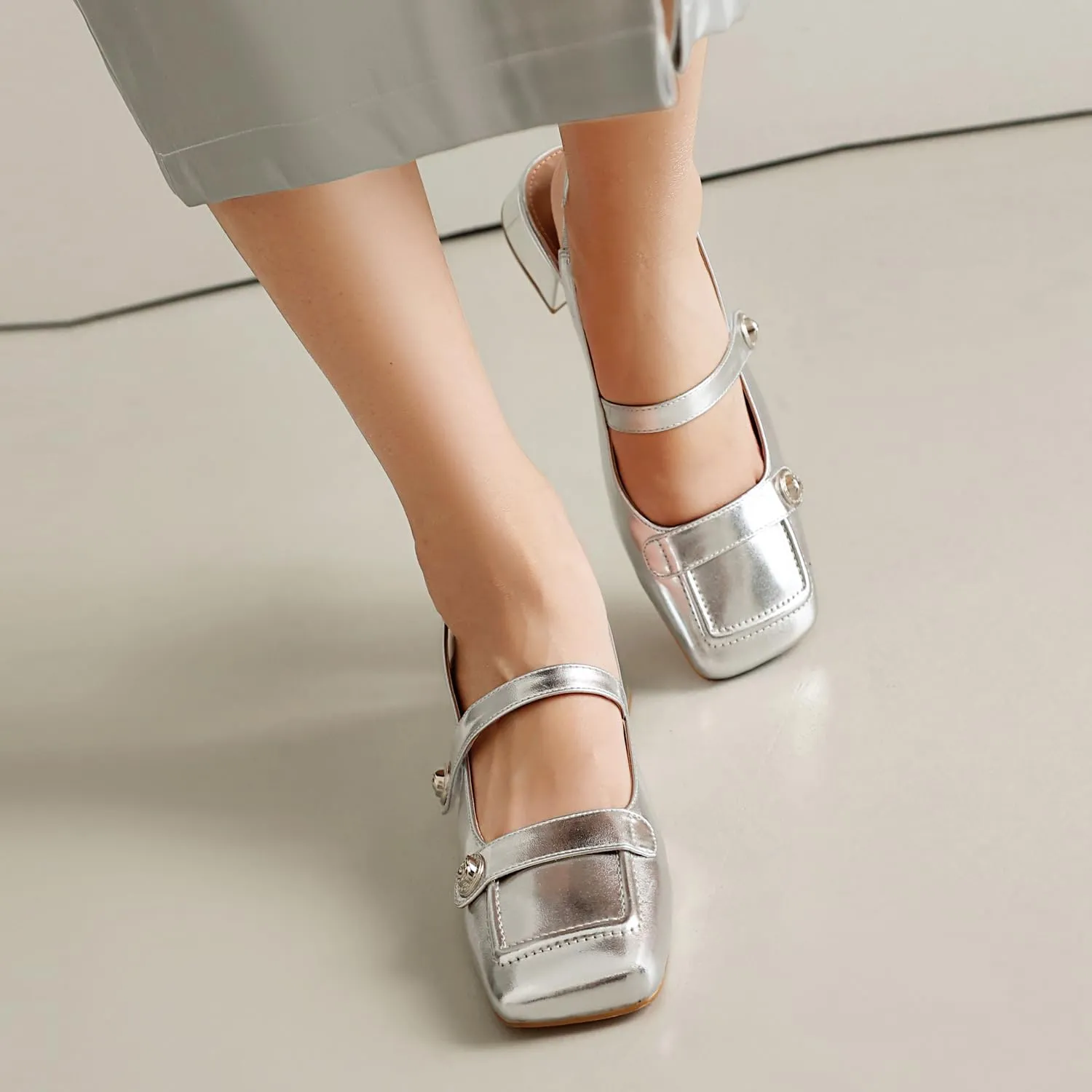 Slingback Mary Jane Heels for Women Low Block Heel Closed Square Toe Pump Shoes Heels Classic Daily Office Dressy Shoes