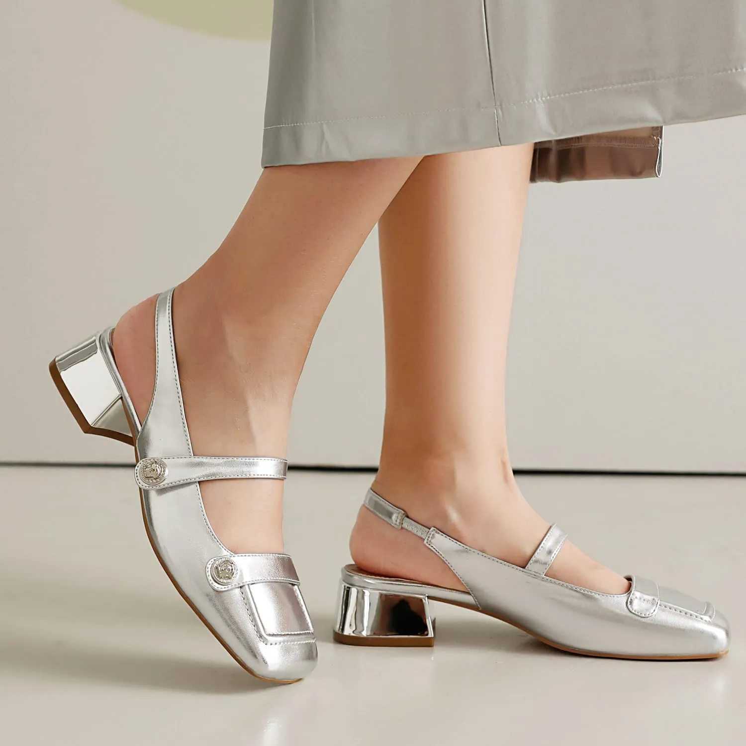 Slingback Mary Jane Heels for Women Low Block Heel Closed Square Toe Pump Shoes Heels Classic Daily Office Dressy Shoes