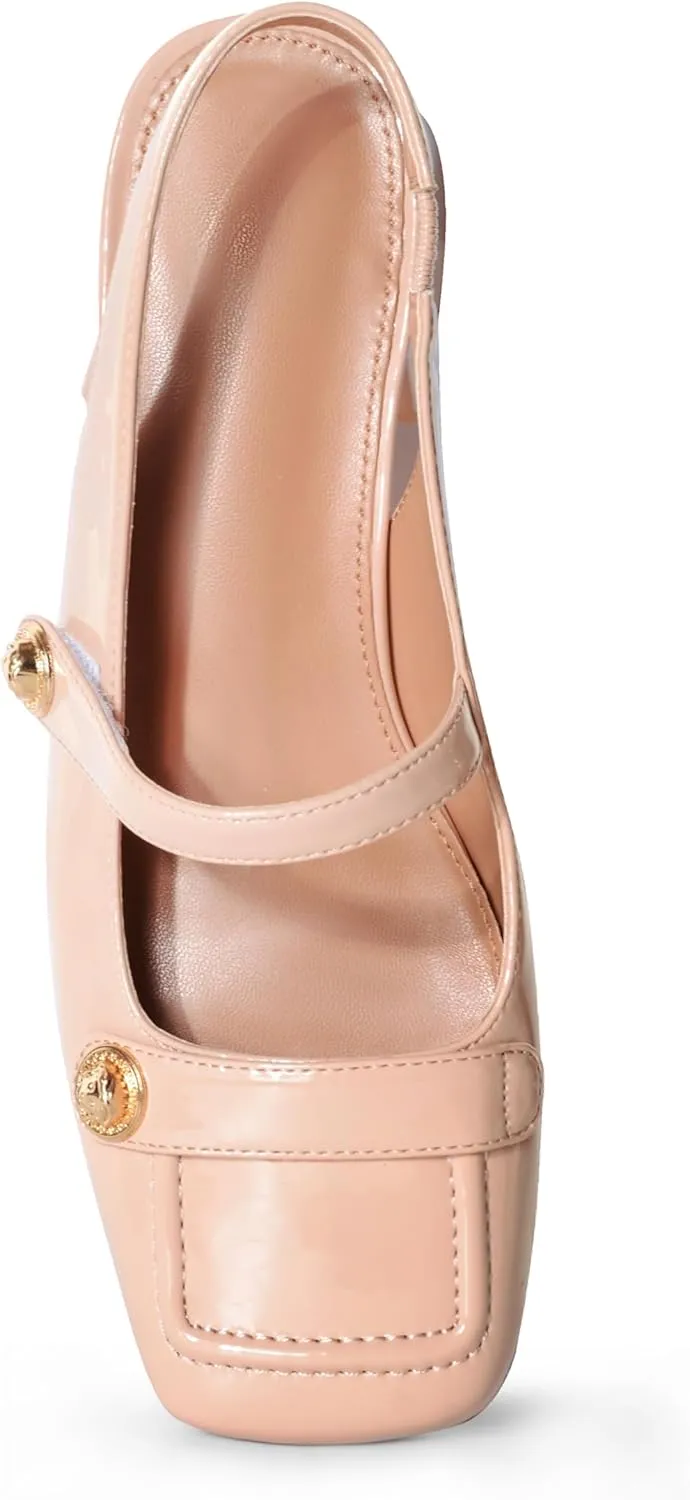 Slingback Mary Jane Heels for Women Low Block Heel Closed Square Toe Pump Shoes Heels Classic Daily Office Dressy Shoes