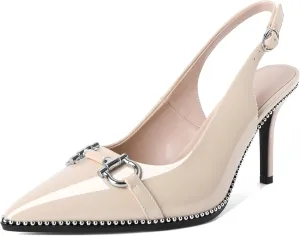 Soireelady Women Beaded Pumps High Heel Slingback Pointed Toe Slip On Stilettos Ankle Strap Adjustable Buckle 3.5 Inch Dress Shoes Patent Leather