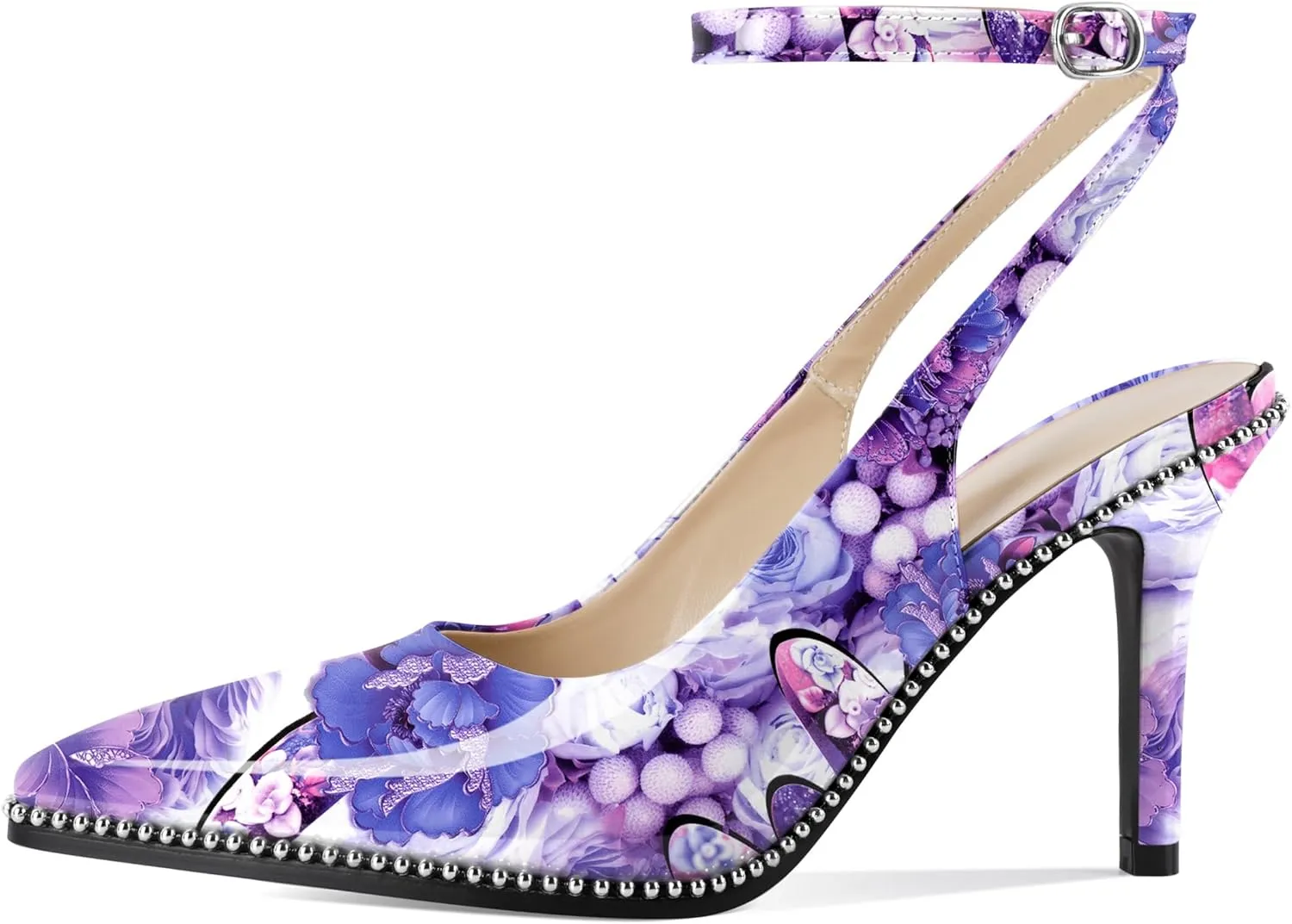 Soireelady Women's Slingback Heels Ankle Strap Pointed Toe Stilettos High Heel Beaded Pumps Dress Shoes 3.5 Inches