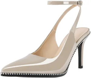 Soireelady Women's Slingback Heels Ankle Strap Pointed Toe Stilettos High Heel Beaded Pumps Dress Shoes 3.5 Inches