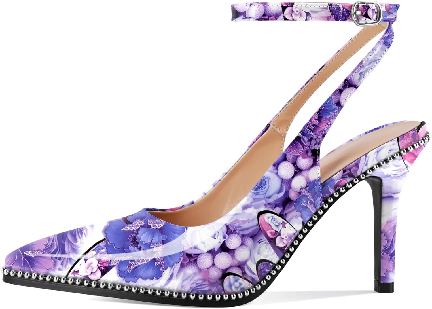 Soireelady Women's Slingback Heels Ankle Strap Pointed Toe Stilettos High Heel Beaded Pumps Dress Shoes 3.5 Inches