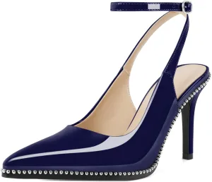 Soireelady Women's Slingback Heels Ankle Strap Pointed Toe Stilettos High Heel Beaded Pumps Dress Shoes 3.5 Inches
