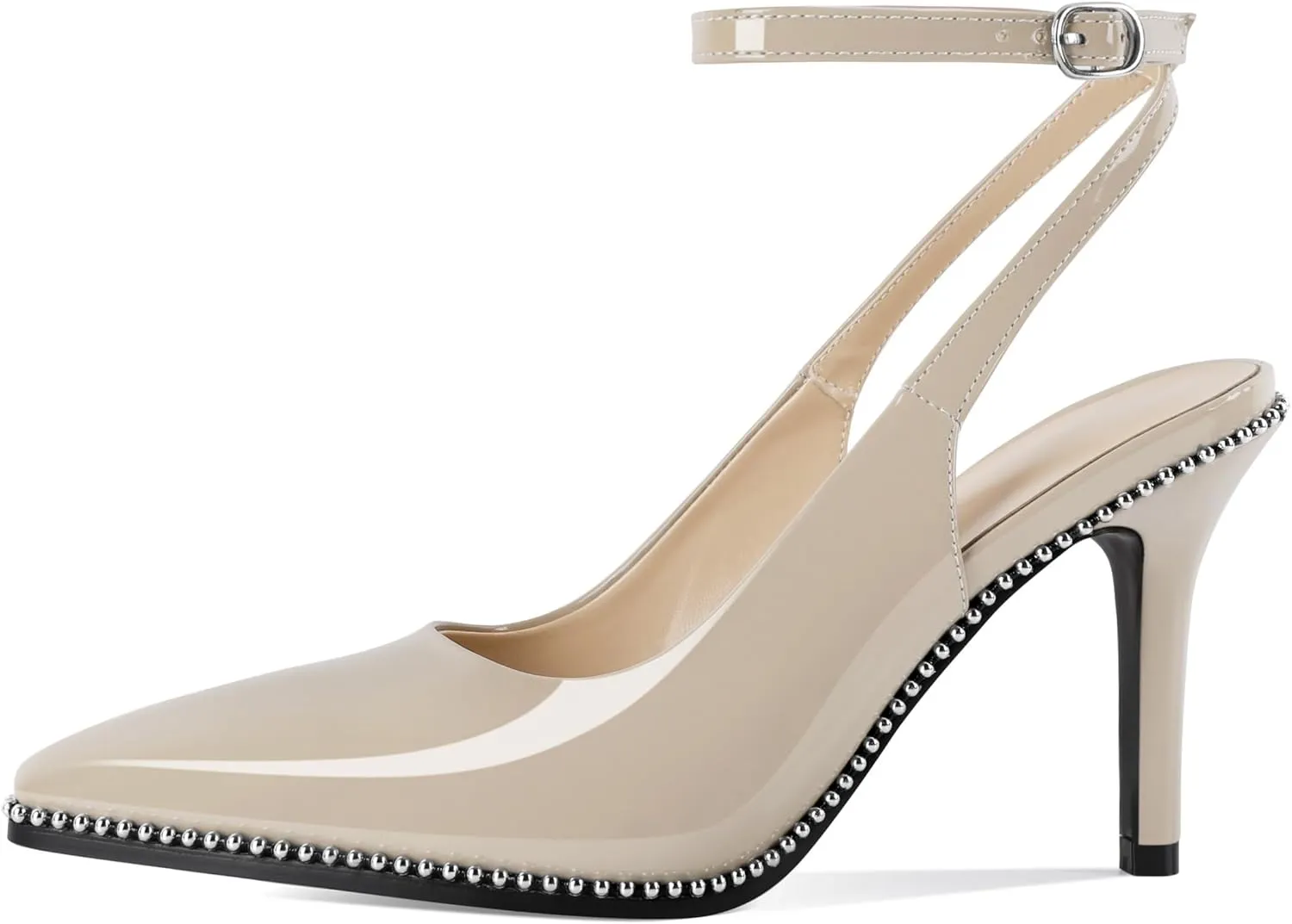 Soireelady Women's Slingback Heels Ankle Strap Pointed Toe Stilettos High Heel Beaded Pumps Dress Shoes 3.5 Inches