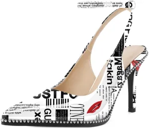 Soireelady Women's Slingback Heels Ankle Strap Pointed Toe Stilettos High Heel Beaded Pumps Dress Shoes 3.5 Inches