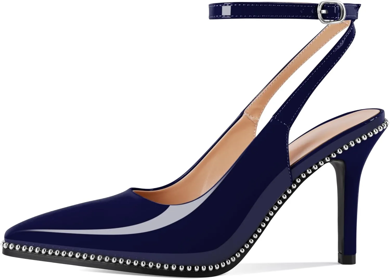 Soireelady Women's Slingback Heels Ankle Strap Pointed Toe Stilettos High Heel Beaded Pumps Dress Shoes 3.5 Inches