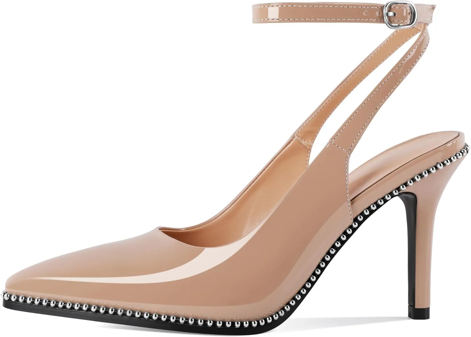 Soireelady Women's Slingback Heels Ankle Strap Pointed Toe Stilettos High Heel Beaded Pumps Dress Shoes 3.5 Inches