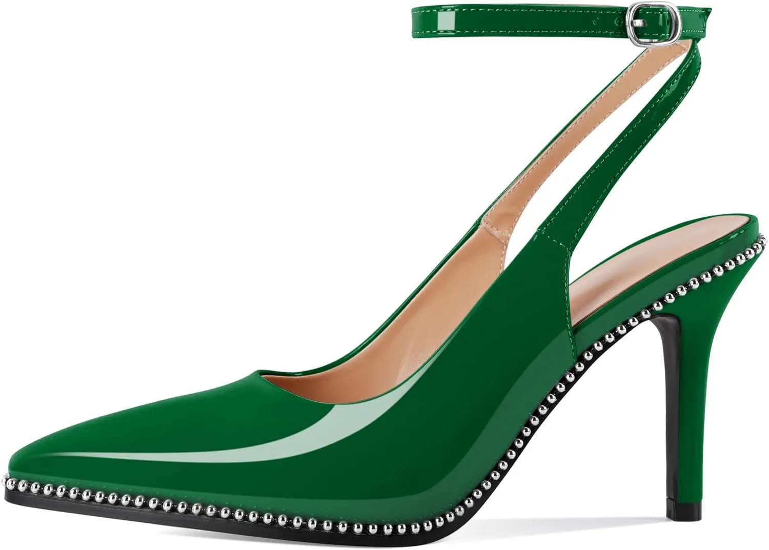 Soireelady Women's Slingback Heels Ankle Strap Pointed Toe Stilettos High Heel Beaded Pumps Dress Shoes 3.5 Inches
