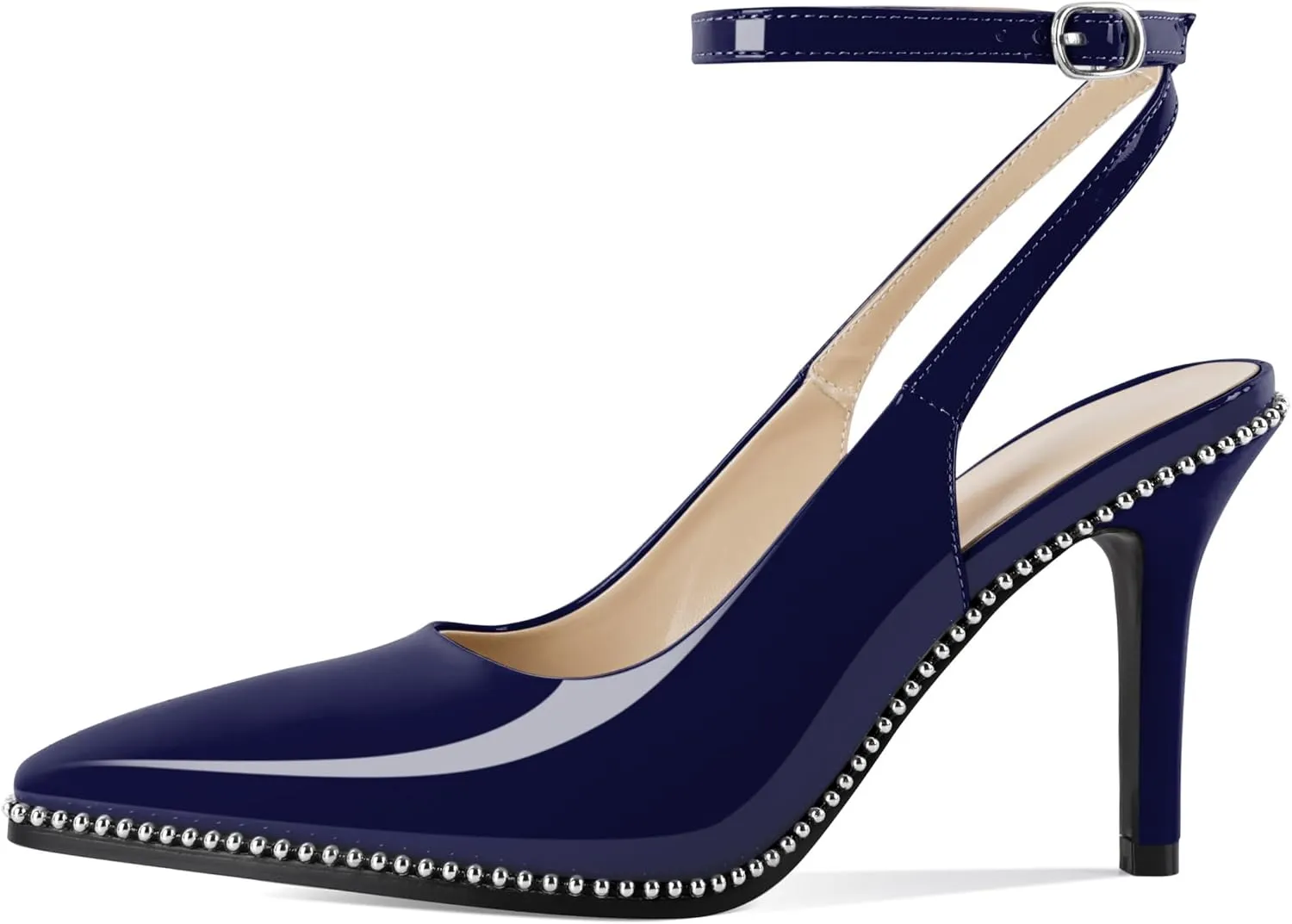 Soireelady Women's Slingback Heels Ankle Strap Pointed Toe Stilettos High Heel Beaded Pumps Dress Shoes 3.5 Inches