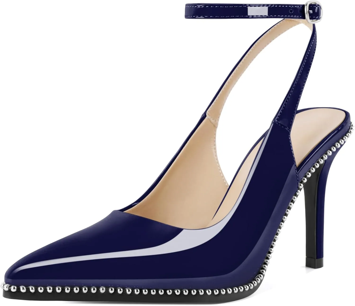 Soireelady Women's Slingback Heels Ankle Strap Pointed Toe Stilettos High Heel Beaded Pumps Dress Shoes 3.5 Inches