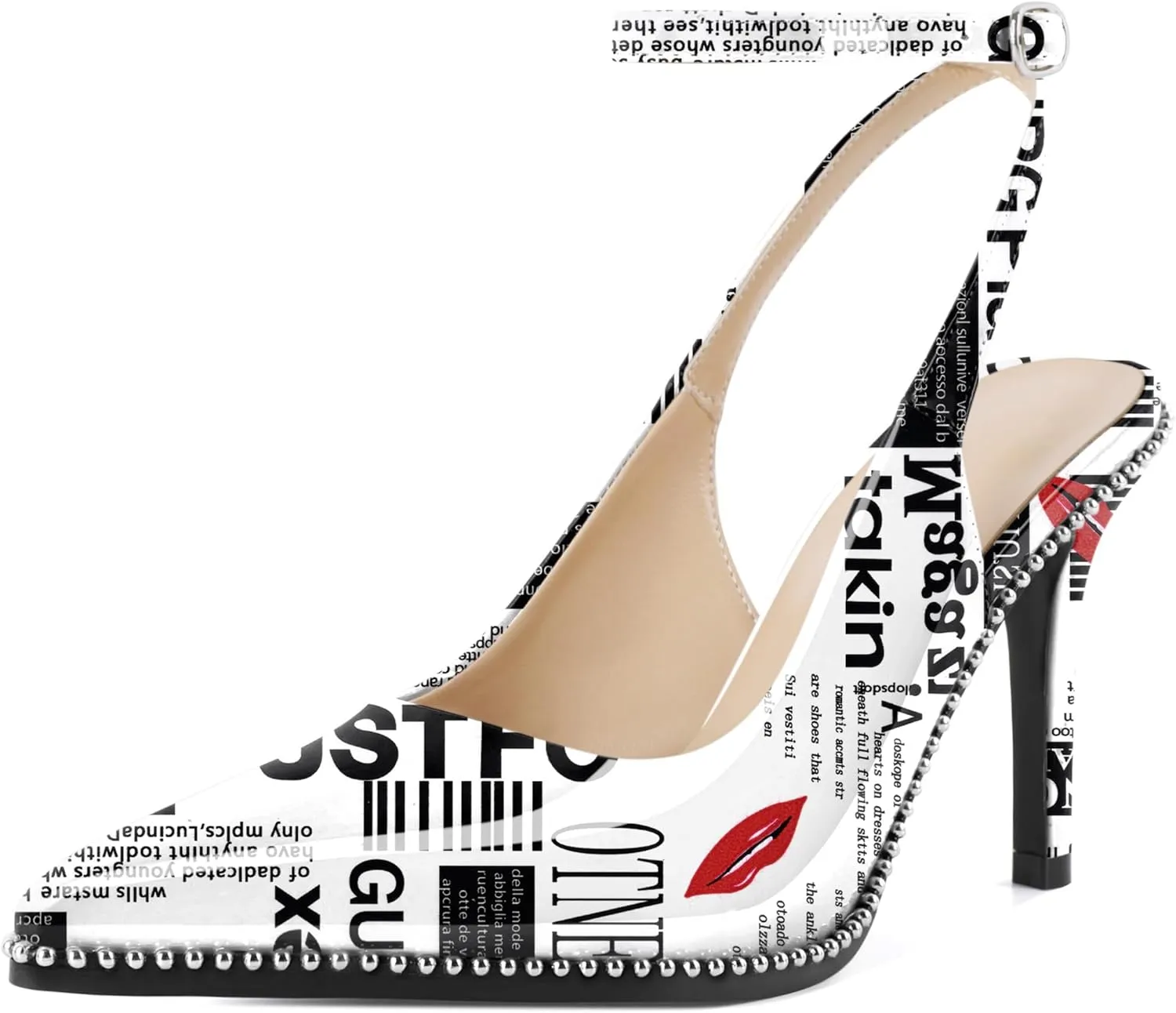 Soireelady Women's Slingback Heels Ankle Strap Pointed Toe Stilettos High Heel Beaded Pumps Dress Shoes 3.5 Inches