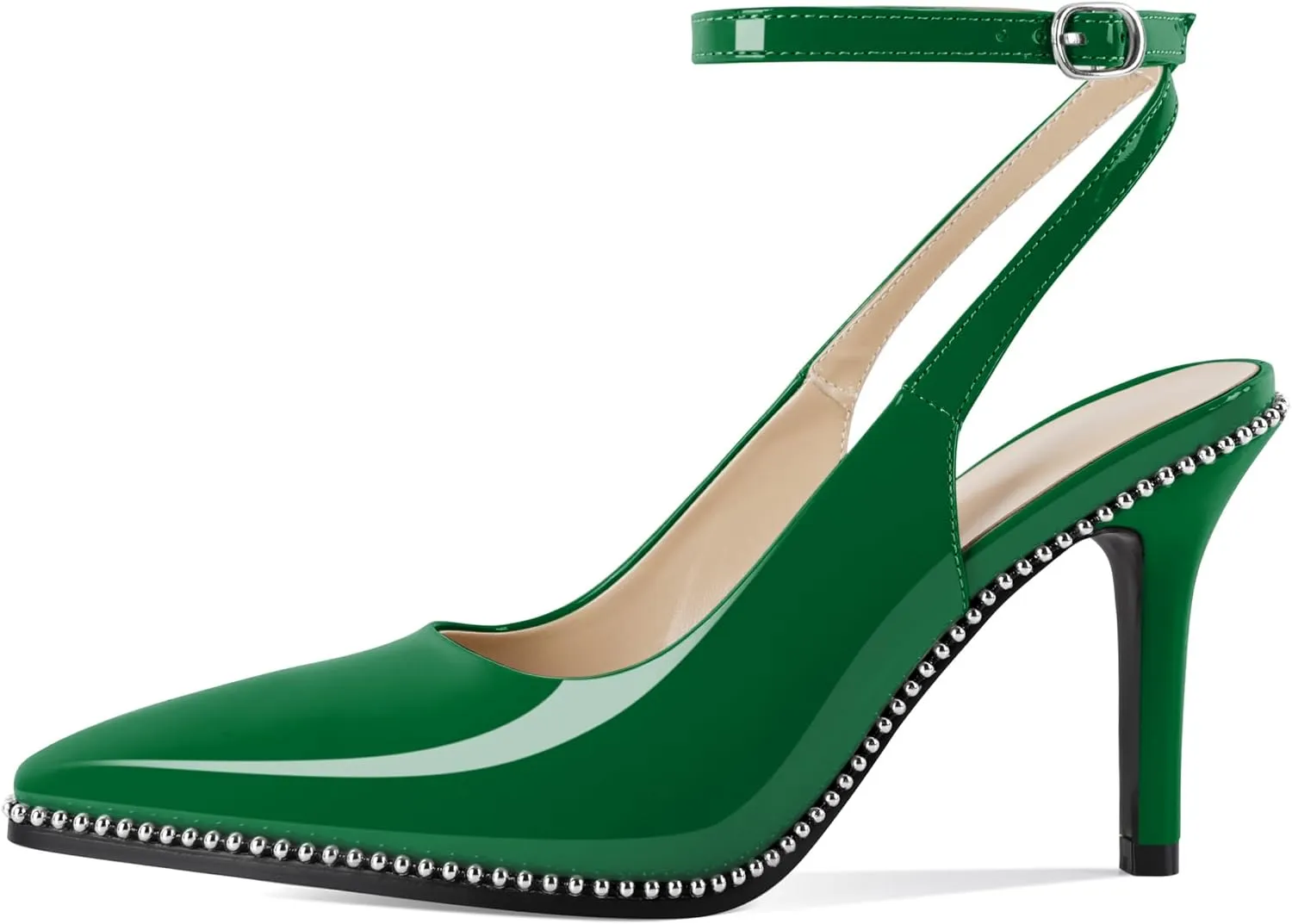Soireelady Women's Slingback Heels Ankle Strap Pointed Toe Stilettos High Heel Beaded Pumps Dress Shoes 3.5 Inches