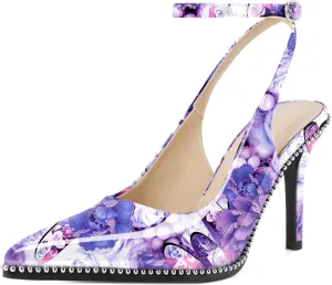Soireelady Women's Slingback Heels Ankle Strap Pointed Toe Stilettos High Heel Beaded Pumps Dress Shoes 3.5 Inches