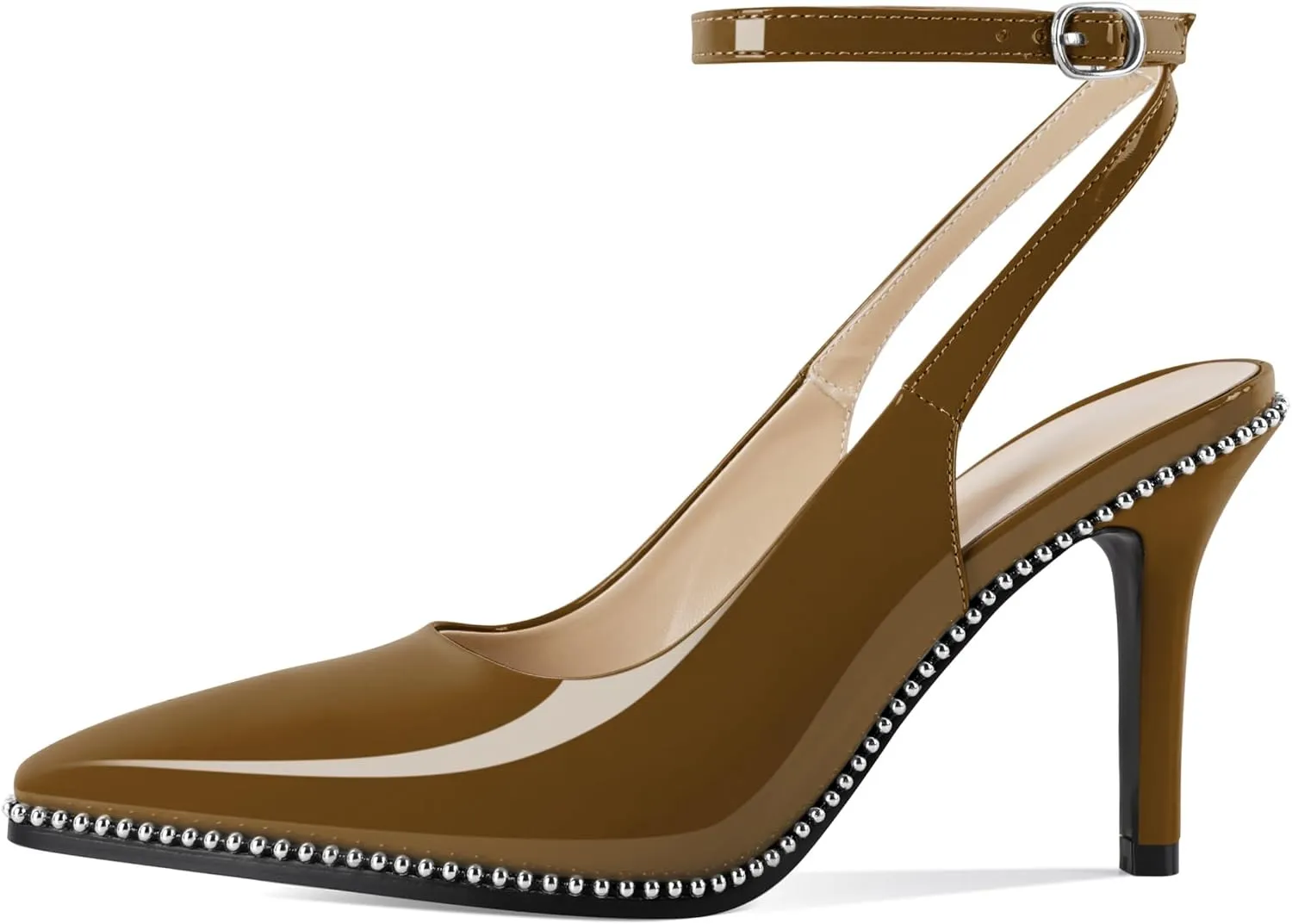Soireelady Women's Slingback Heels Ankle Strap Pointed Toe Stilettos High Heel Beaded Pumps Dress Shoes 3.5 Inches