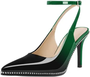 Soireelady Women's Slingback Heels Ankle Strap Pointed Toe Stilettos High Heel Beaded Pumps Dress Shoes 3.5 Inches