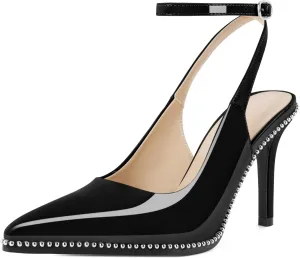 Soireelady Women's Slingback Heels Ankle Strap Pointed Toe Stilettos High Heel Beaded Pumps Dress Shoes 3.5 Inches