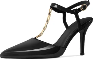 Soireelady Womens T-Strap Slingback Heels High Stiletto Heel Pumps with Chain Pointed Toe Ankle Strap Sexy Party Shoes