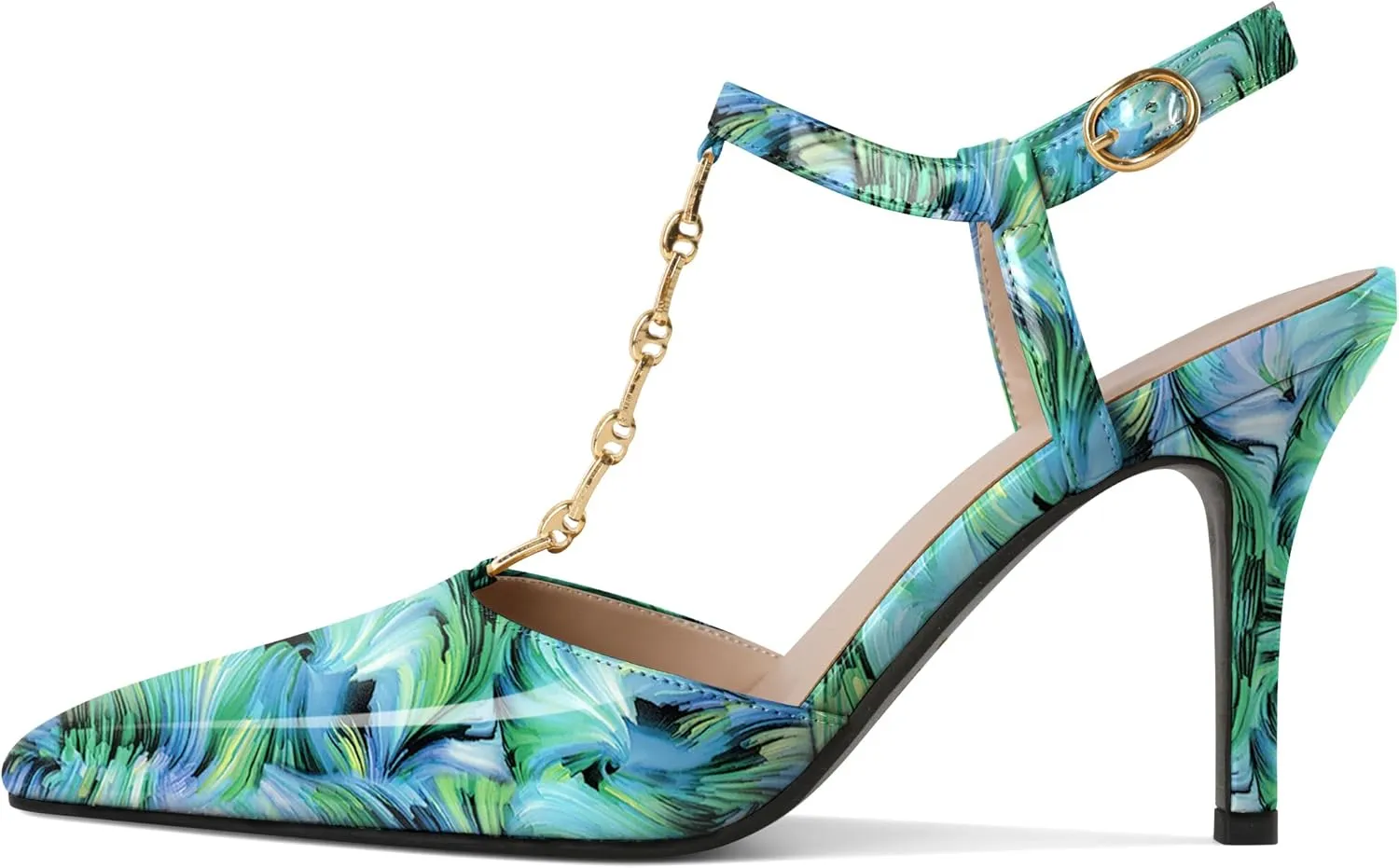 Soireelady Womens T-Strap Slingback Heels High Stiletto Heel Pumps with Chain Pointed Toe Ankle Strap Sexy Party Shoes