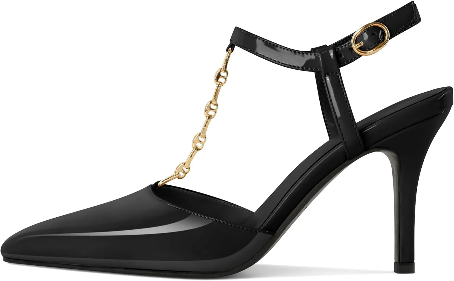 Soireelady Womens T-Strap Slingback Heels High Stiletto Heel Pumps with Chain Pointed Toe Ankle Strap Sexy Party Shoes