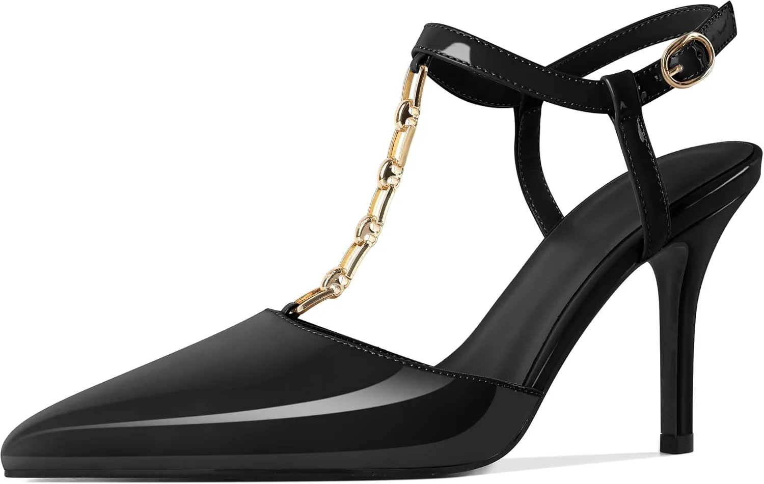 Soireelady Womens T-Strap Slingback Heels High Stiletto Heel Pumps with Chain Pointed Toe Ankle Strap Sexy Party Shoes
