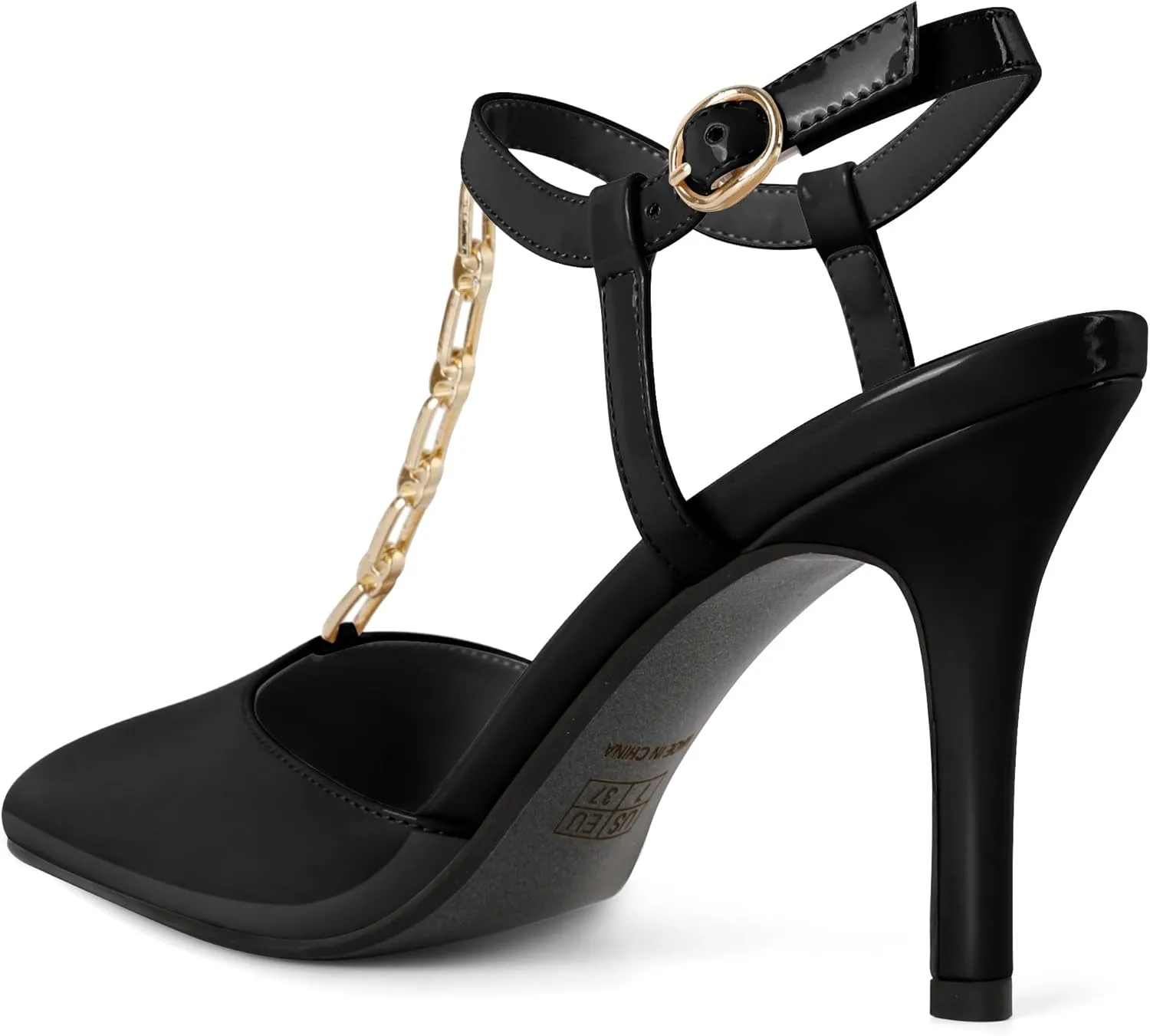 Soireelady Womens T-Strap Slingback Heels High Stiletto Heel Pumps with Chain Pointed Toe Ankle Strap Sexy Party Shoes