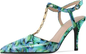 Soireelady Womens T-Strap Slingback Heels High Stiletto Heel Pumps with Chain Pointed Toe Ankle Strap Sexy Party Shoes