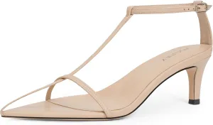 Strappy Heeled Sandals for Women with Open Pointed Toe, Interwoven T-Strap, Adjustable Ankle Strap, and Comfortable Low Kitten Heel