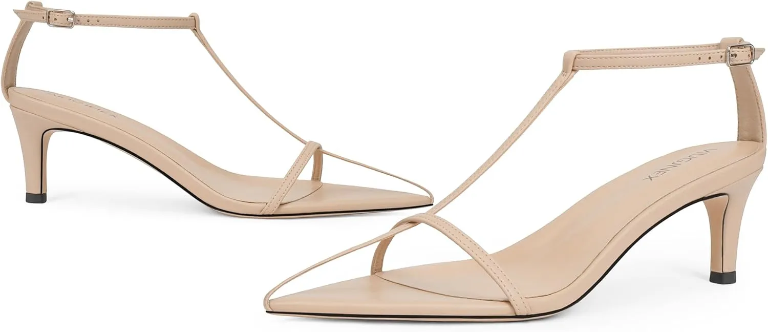 Strappy Heeled Sandals for Women with Open Pointed Toe, Interwoven T-Strap, Adjustable Ankle Strap, and Comfortable Low Kitten Heel