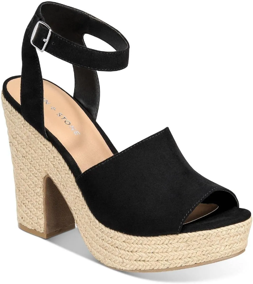 SUN STONE Womens Fey Faux Suede Ankle Strap Heels Black 5.5 Medium (B,M)