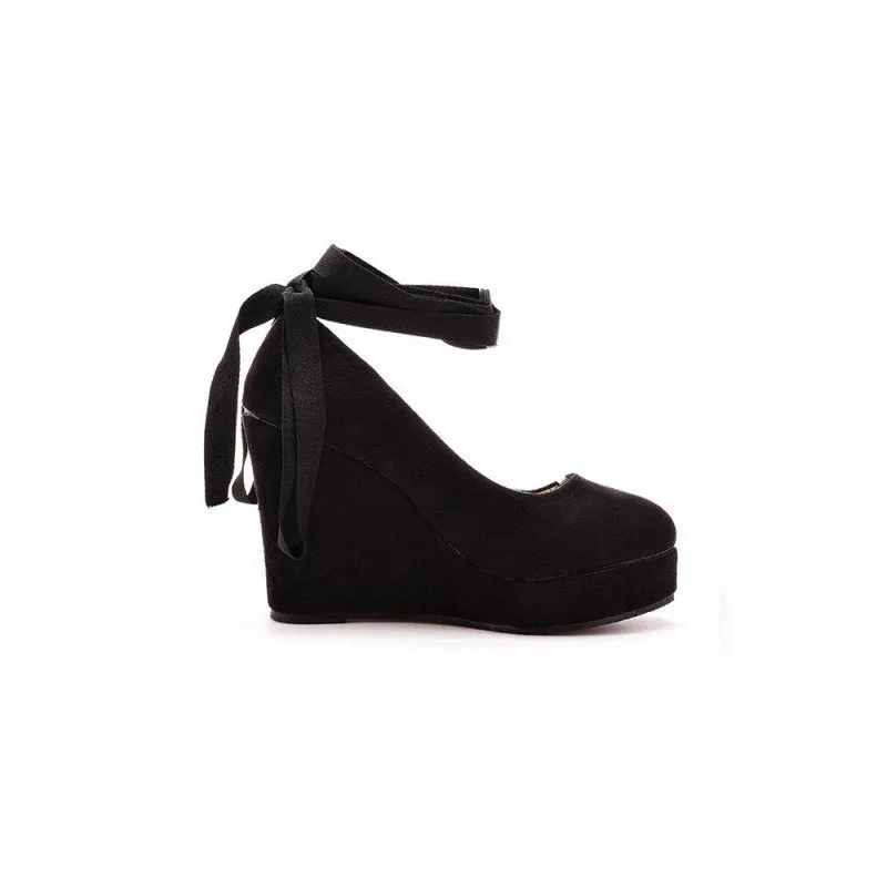 Sweet Round Toe Platform Heels Ankle Strap Wedges Heels