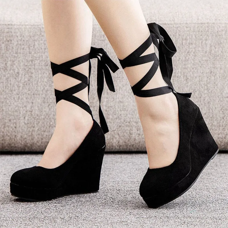 Sweet Round Toe Platform Heels Ankle Strap Wedges Heels