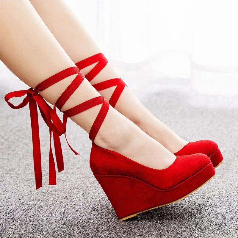 Sweet Round Toe Platform Heels Ankle Strap Wedges Heels
