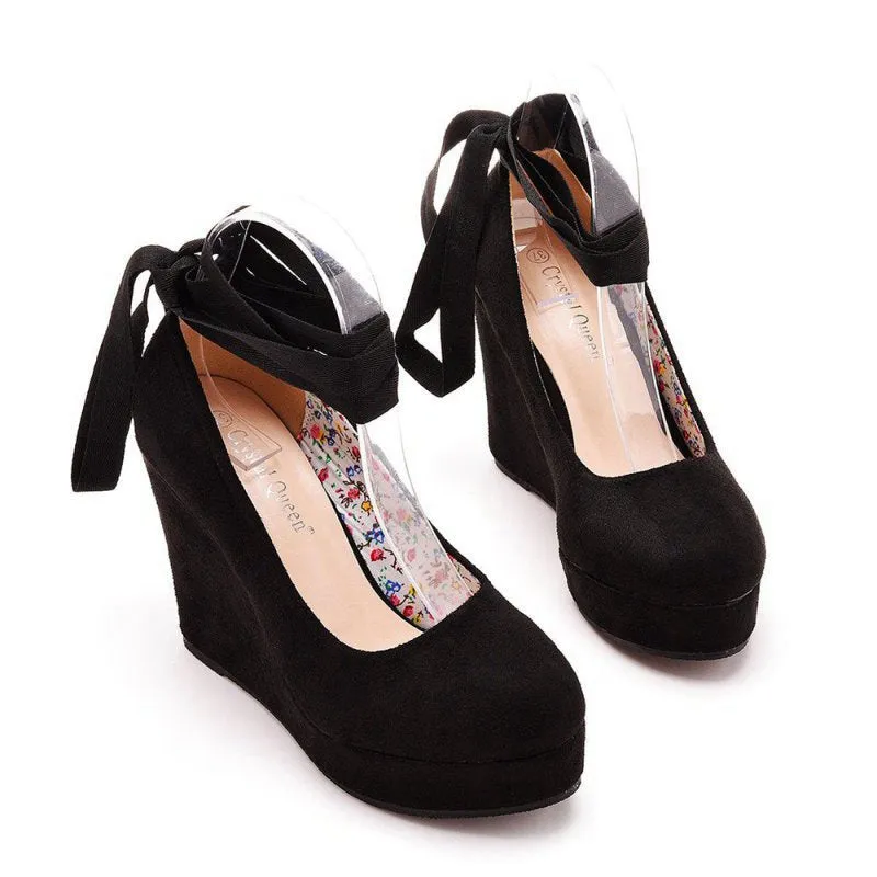 Sweet Round Toe Platform Heels Ankle Strap Wedges Heels
