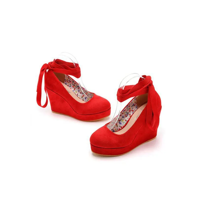 Sweet Round Toe Platform Heels Ankle Strap Wedges Heels