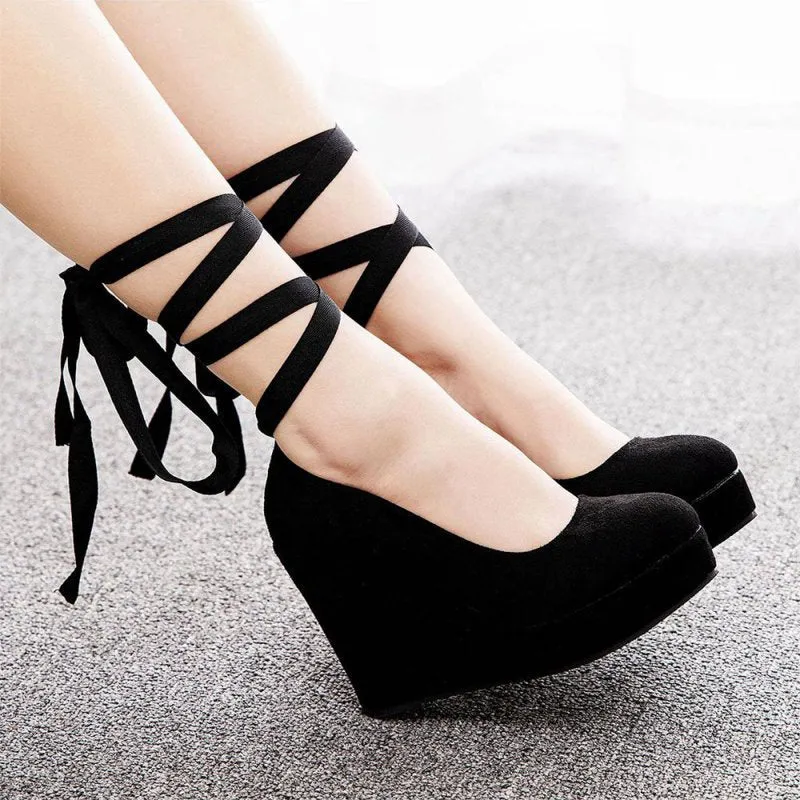 Sweet Round Toe Platform Heels Ankle Strap Wedges Heels