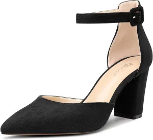 TNYNFBEB Womens Chunky Block Mid Heel Pointed Toe Pumps Ankle Strap Two-Piece Buckle Prom Wedding Dress 3.2 Inches Heels
