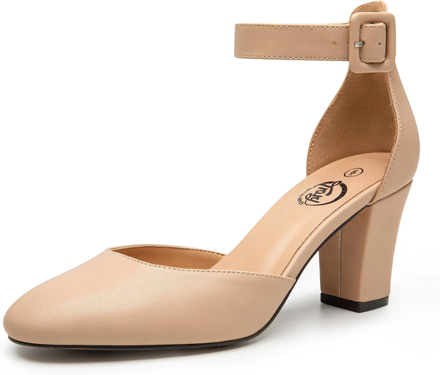 Trary Heels for Women, Low Heel Closed Round Toe Chunky Block Nude Heels Adjustable Ankle Strap Comfy Pumps Shoes Black Heels for Women Versatility Heels Wedding Daily Dressy 2.75" Heels