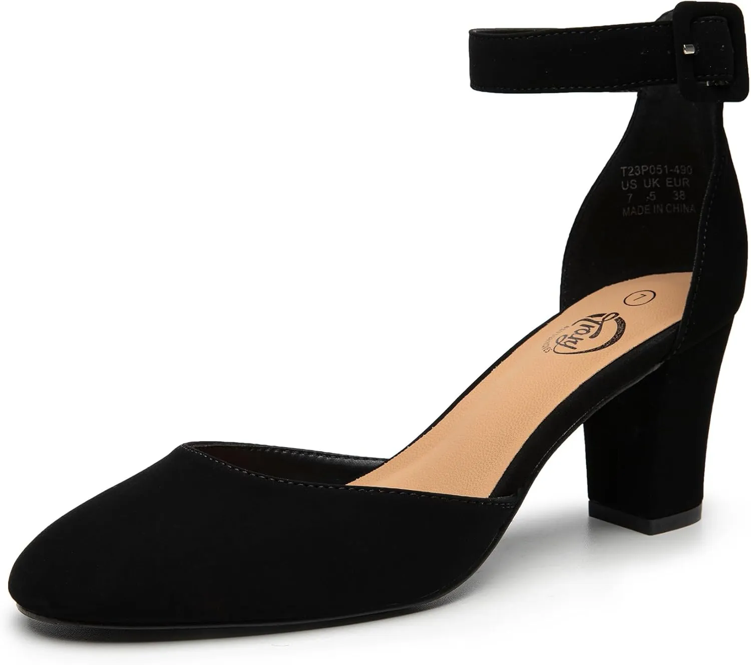 Trary Heels for Women, Low Heel Closed Round Toe Chunky Block Nude Heels Adjustable Ankle Strap Comfy Pumps Shoes Black Heels for Women Versatility Heels Wedding Daily Dressy 2.75" Heels