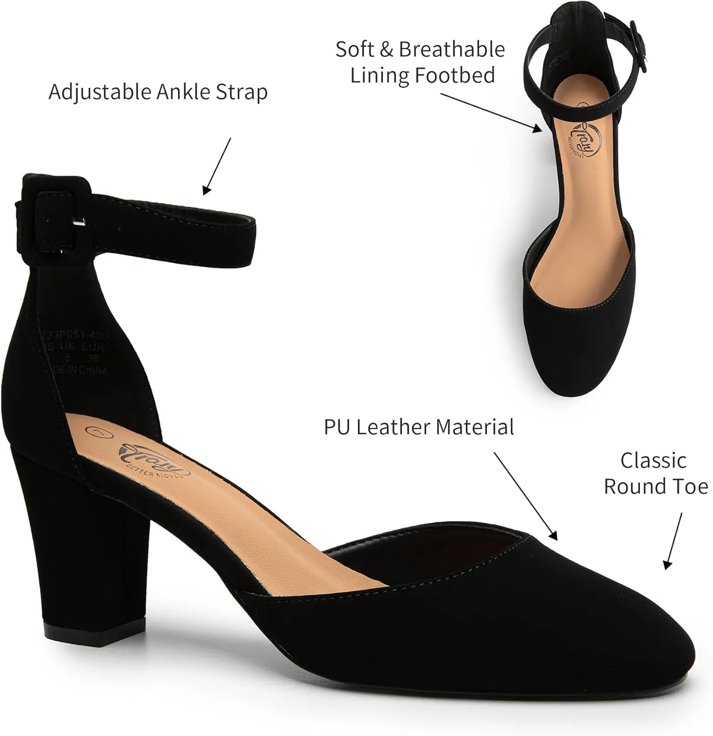Trary Heels for Women, Low Heel Closed Round Toe Chunky Block Nude Heels Adjustable Ankle Strap Comfy Pumps Shoes Black Heels for Women Versatility Heels Wedding Daily Dressy 2.75" Heels