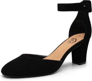 Trary Heels for Women, Low Heel Closed Round Toe Chunky Block Nude Heels Adjustable Ankle Strap Comfy Pumps Shoes Black Heels for Women Versatility Heels Wedding Daily Dressy 2.75" Heels